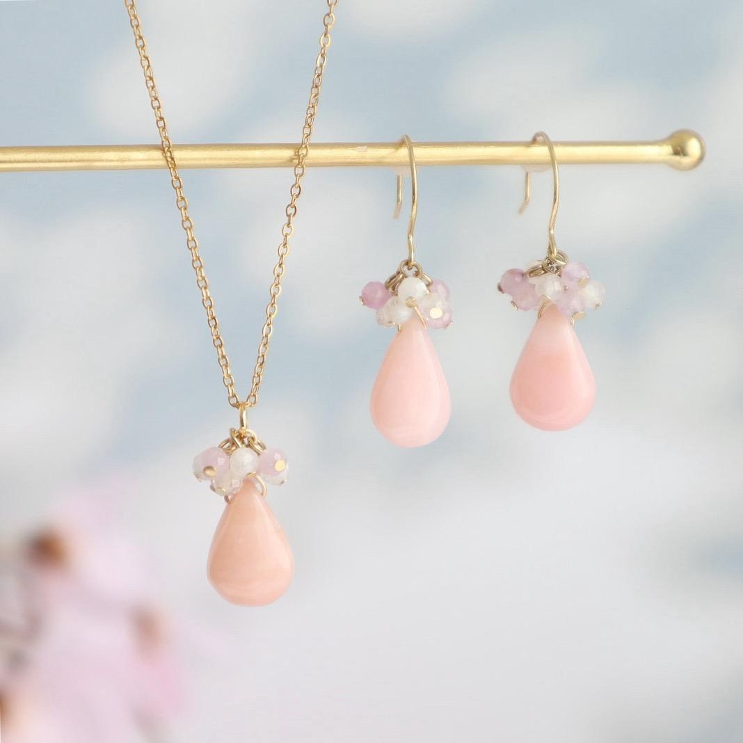 ピンクオパールドロップネックレス+ピアス/イヤリング 2点set