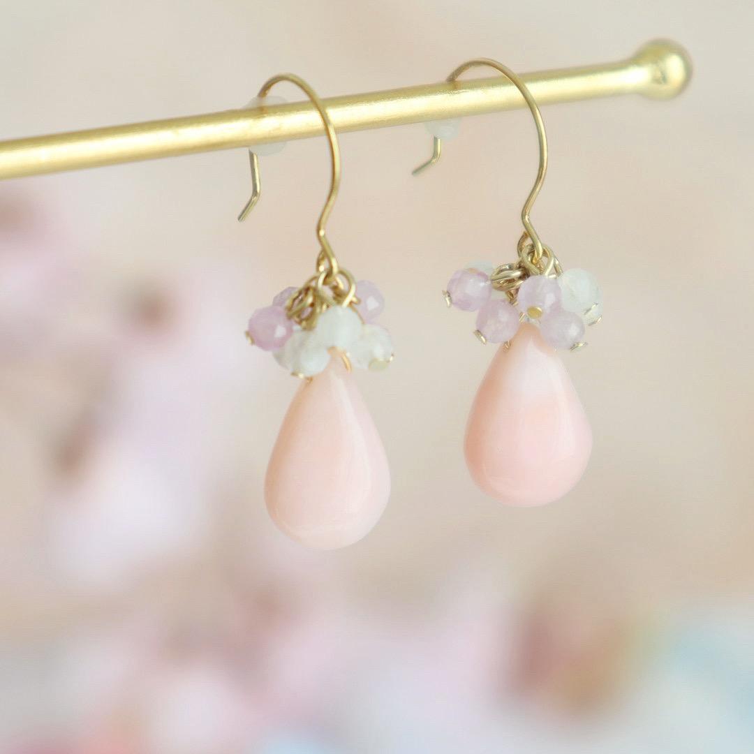 天然石 ピンクオパールドロップピアス/イヤリング