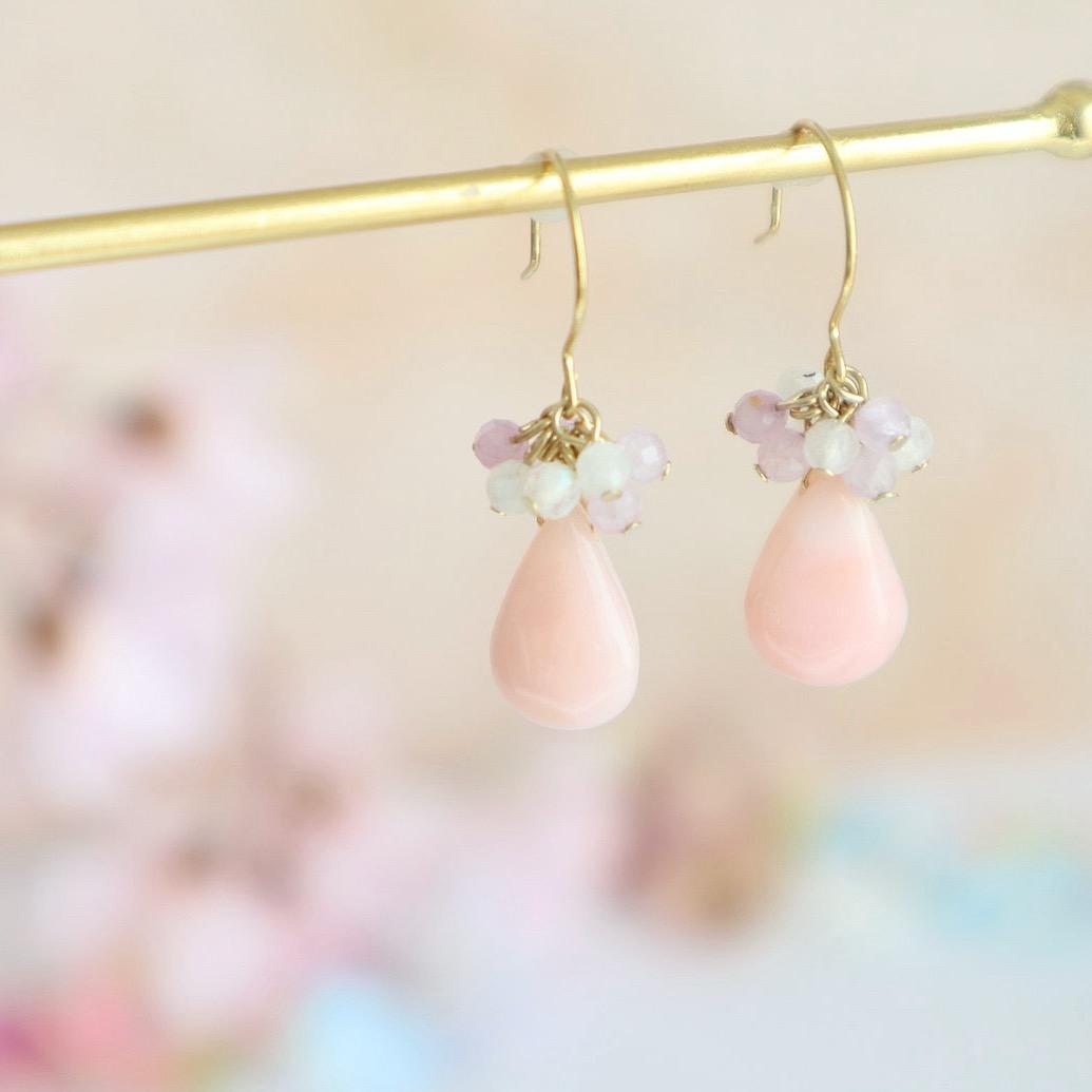 天然石 ピンクオパールドロップピアス/イヤリング | 7枚目