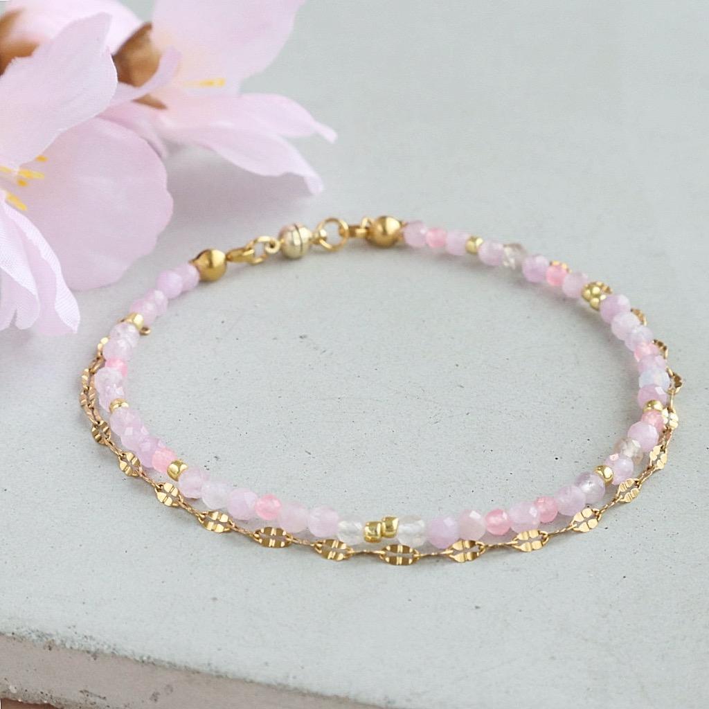 ＼カチッと簡単♪マグネット／ 天然石2連ブレスレット＜桜色＞